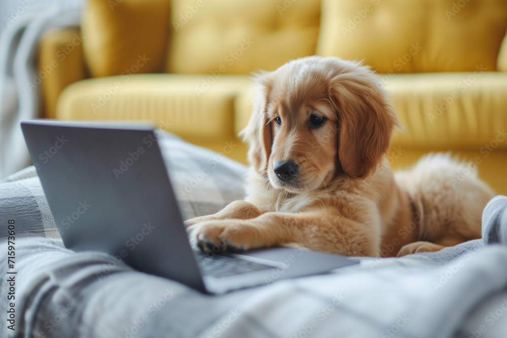 Poster portrait of a r dog in front of a laptop dog using the keyboard on computer. dog sitting at table wi