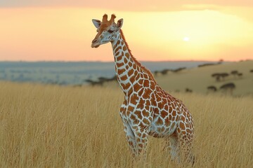 A majestic giraffe towers above the grassy savanna, its long neck reaching towards the painted sky...