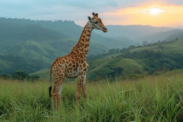 Obraz premium A majestic giraffe stands tall in a lush grassy field, surrounded by the vastness of the savanna and the beauty of nature at sunrise