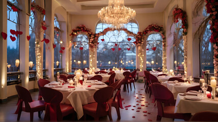 Fototapeta na wymiar Romantic Elegance: Capturing the Enchantment of an Empty Decorated Restaurant, valentine day - AI