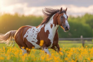 A majestic sorrel mustang horse gallops through a picturesque field of yellow flowers, its mane flowing in the wind against a vibrant blue sky - obrazy, fototapety, plakaty