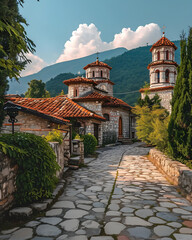 Romantic, nostalgic old village in the style of Greek in the mountains with old houses and church. Nature conceptual art.