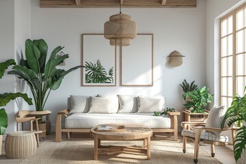 farmhouse interior living room, gallery wall frame mockup in white room with wooden furniture and lots of green plants, 3d render