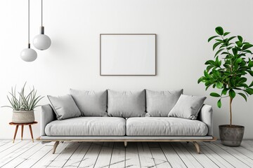 farmhouse interior living room, empty wall mockup in white room with gray sofa, wooden furniture and green plant, 3d render