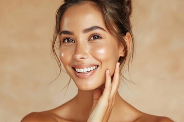 A radiant woman, adorned with a bright smile and flawless skin, poses gracefully against a wall in this stunning portrait, showcasing her delicate features, from her long eyelashes to her perfectly s