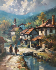 Romantic, nostalgic old village on the river in the mountains with old houses and clear blue small river. Nature conceptual art.