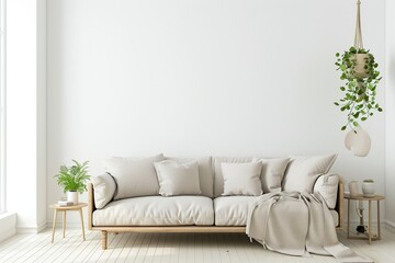 farmhouse interior living room, empty wall mockup in white room with gray sofa, wooden furniture and green plant, 3d render - obrazy, fototapety, plakaty