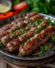 Grilled meat skewers with vegetables and ready for eating. Sish cevap traditional Bosnian food art concept