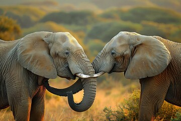 Two majestic elephants share a tender moment in the wild, their trunks entwined in a symbol of friendship and unity amidst the vast greenery of their natural habitat