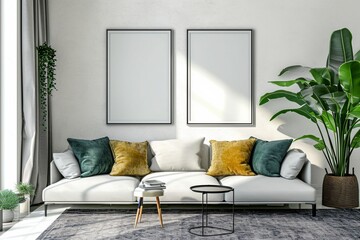 Frame mockup in contemporary living room design, two vertical frames on white wall background