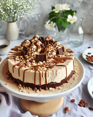 Chocolate cake with nuts and tinny pieces of chocolate on the plate on white background table. Food concept trendy idea 
