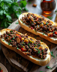 Delicious homemade sandwiches with grilled ground meat, vegetables, cheese and sauces on the table in the style of Philly cheese steak sandwich