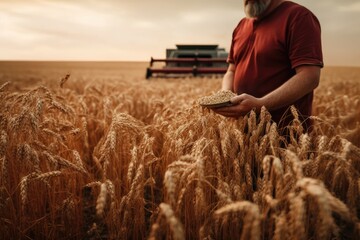 Amidst the vast golden field of triticale and hordeum, a man in traditional clothing holds a plate of grain as the sky fills with fluffy clouds, capturing the essence of agriculture and the bountiful - obrazy, fototapety, plakaty