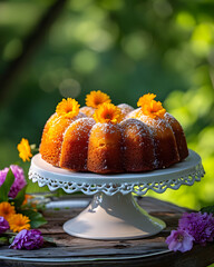 Sponge cake decorated with flowers on the old vintage wooden table. Outdoor concept food dessert photo