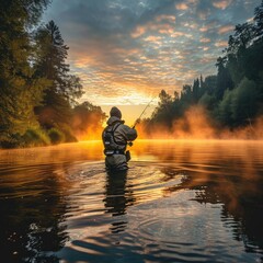 A lone fisherman basks in the beauty of nature, surrounded by the peaceful reflection of the sun on the tranquil waters of the river at sunset