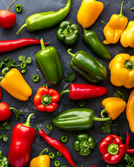 Yellow, red and green peppers on the kitchen table. Flat lay 