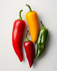 Red yellow and green peppers on the white background