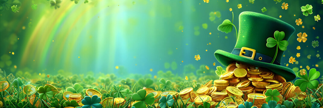 St. Patrick's Day card with leprechaun treasure and pot of gold coins, green hat and shamrock.