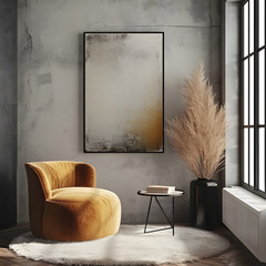 Modern living room decorated with lamp, picture on the wall and chair. Mockup concept artwork