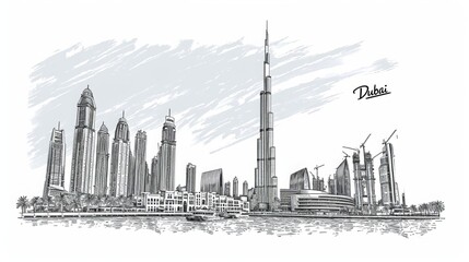 Dubai city line art Vector illustration with all famous towers. Cityscape. 