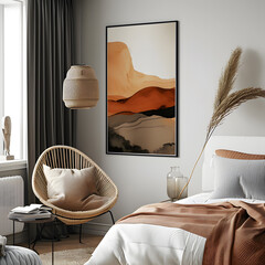 Modern living room decorated with lamp, picture on the wall and chair. Mockup concept artwork