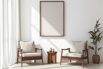 Living room design with empty wall mockup, two wooden chairs on white wall, copy space