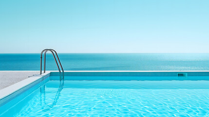 a blue swimming pool on a bright summer day. The image focuses on the tranquil, azure waters of the pool, its surface smooth and undisturbed, reflecting the clear blue sky above