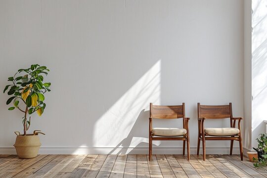 Living room design with empty wall mockup, two wooden chairs on white wall, copy space
