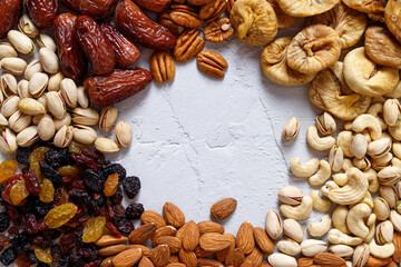Mixed nuts and dried fruits on a light concrete background. Symbols of Tu Bishva