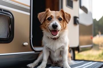 A curious brown puppy of a specific dog breed gazes out the window of a vehicle while enjoying the great outdoors on a pet-friendly camping adventure