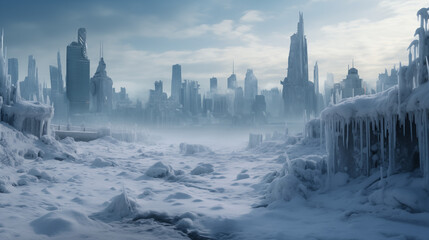 Icebound Metropolis: A Vision of Urban Permafrost in Silent Stillness - obrazy, fototapety, plakaty