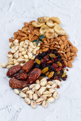 Mixed nuts and dried fruits on a light concrete background. Symbols of Tu Bishva