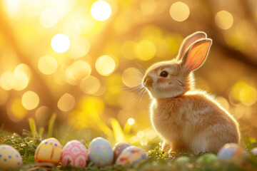 Fototapeta na wymiar Easter Bunny in Sunlit Meadow with Colorful Eggs