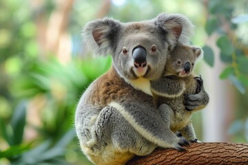 A gentle koala bear tenderly cradles its precious baby, basking in the beauty of the great outdoors as a symbol of maternal love and the wonders of marsupial wildlife