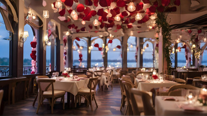 Fototapeta na wymiar An enchanting scene of a romantically decorated, yet empty restaurant - AI
