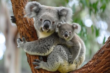 A protective mother koala and her adorable baby cling onto a towering tree, showcasing the natural beauty and close bond of these marsupial mammals in their outdoor habitat