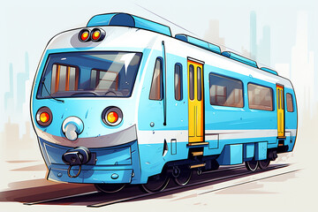 Happy cartoon bright train with smiling face on white background