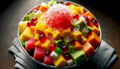 a bowl of fruit soup with grated ice
