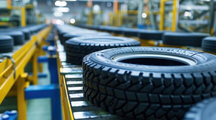 Factories engaged in the production of car rubber tires, ensuring the creation of high-quality and durable components for various vehicles. - obrazy, fototapety, plakaty