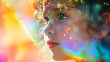 Double exposure portrait of child blended with iridescent rainbow, creative art of childhood imagination and wonder