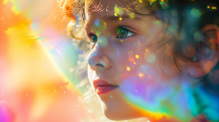 Fototapeta premium Double exposure portrait of child blended with iridescent rainbow, creative art of childhood imagination and wonder