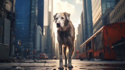 Stray dog in the downtown of a big city. Lost animal in the street of megapolis. Pets outdoors. AI Generated 