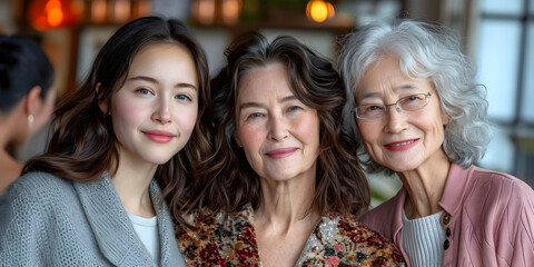 Obraz na płótnie Canvas Portrait of grandmother, mother and young woman, happy asian family of three generations hugging with love, tenderness at home, bonding, smiling. Mother's or international women's day concept.
