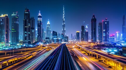Fototapeta na wymiar Dubai Skyline and Downtown with SZR lightrail and Lights 