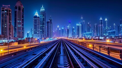 Fototapeta na wymiar Dubai Skyline and Downtown with SZR lightrail and Lights 