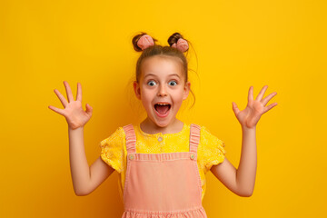 Beauty little Girl portrait with Colorful Hair. Young happy satisfied excited fun surprised amazed girl with color hair in color casual clothes spread hands look camera isolated on plain pink backgrou - obrazy, fototapety, plakaty