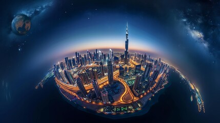 Dubai skyline at night, Little Planet effect. panoramic aerial top view to downtown city center landmarks - obrazy, fototapety, plakaty