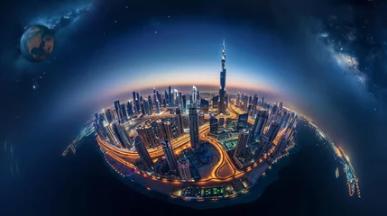 Foto op Plexiglas Dubai skyline at night, Little Planet effect. panoramic aerial top view to downtown city center landmarks © Zahid