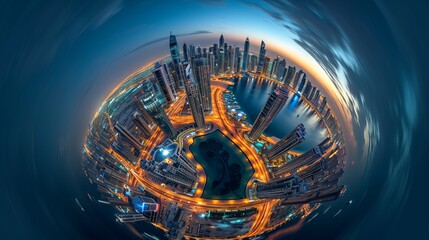 Dubai skyline at night, Little Planet effect. panoramic aerial top view to downtown city center landmarks - obrazy, fototapety, plakaty