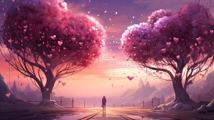 Solitary figure admiring heart-shaped foliage on twin trees against a pastel sunset.